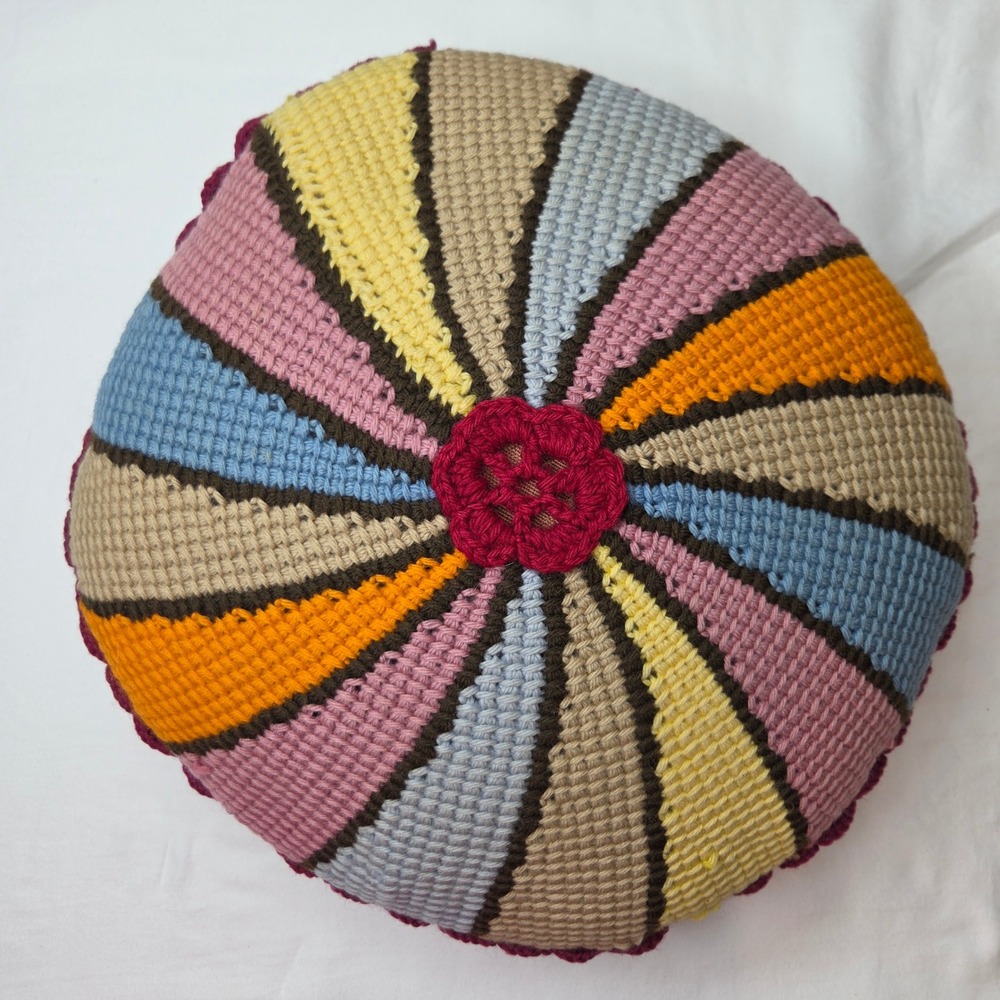 Vintage Handmade Crochet Sunburst Round Throw Pillow Retro Boho Multi-Color 12"โ